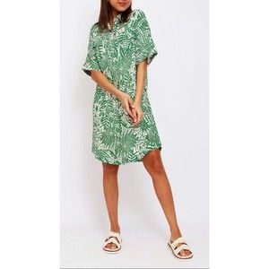 Suncoo Paris Green Shirt Dress Floral Leaf Pattern Boho Beach Chic $220 Size S